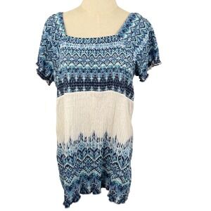 Ikat Smocked Top 1X Peasant Coastal Boho Artsy Tunic Lagenlook Resort Cruise EUC